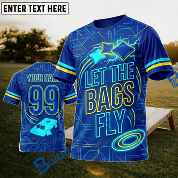 BlueJose Cornhole Let The Bags Fly Blue Neon Personalized Name 3D Unisex Shirt