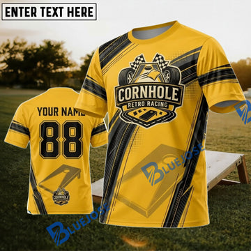BlueJose Cornhole Classic Yellow Black Emblem Personalized Name 3D Unisex Shirt