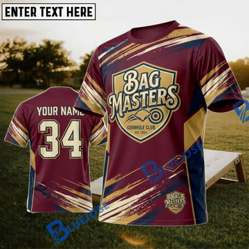 BlueJose Cornhole Bag Masters Burgundy Gold Personalized Name 3D Unisex Shirt
