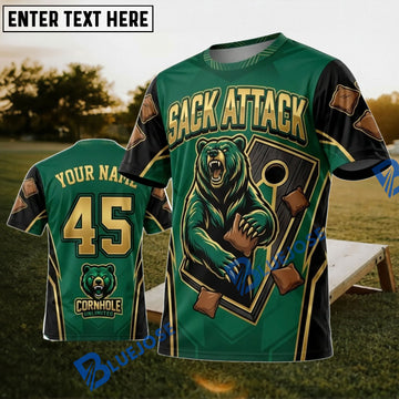BlueJose Cornhole Sack Attack Green Gold Warrior Personalized Name 3D Unisex Shirt