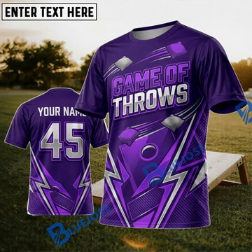 BlueJose Cornhole Game Of Throws Purple Lightning Personalized Name 3D Unisex Shirt
