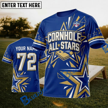 BlueJose Cornhole All Stars Royal Blue Gold Personalized Name 3D Unisex Shirt