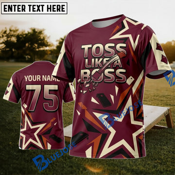 BlueJose Cornhole Toss Like A Boss Burgundy Gold Star Personalized Name 3D Unisex Shirt