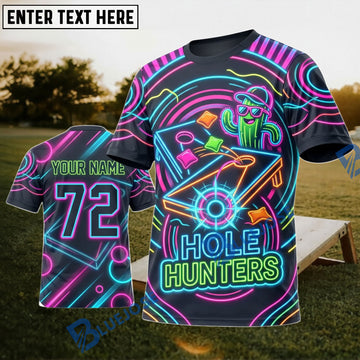BlueJose Cornhole Neon Hole Hunters Personalized Name 3D Unisex Shirt