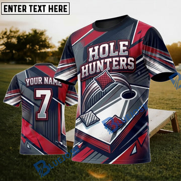 BlueJose Cornhole Hole Hunters Red Gray Board Personalized Name 3D Unisex Shirt