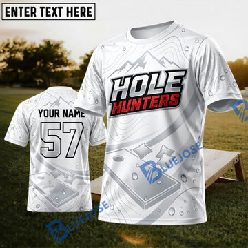 BlueJose Cornhole Hole Hunters Minimal White Personalized Name 3D Unisex Shirt