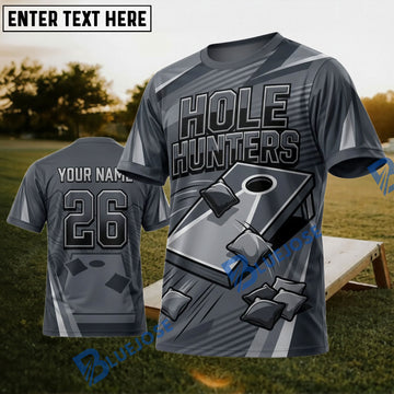 BlueJose Cornhole Hole Hunters Gray Board Personalized Name 3D Unisex Shirt