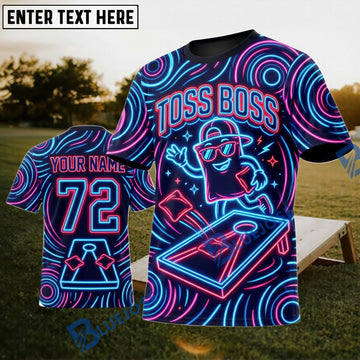BlueJose Cornhole Neon Toss Boss Personalized Name 3D Unisex Shirt