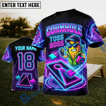 BlueJose Cornhole Neon Toss Boss Corn Character Personalized Name 3D Unisex Shirt
