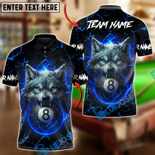 BlueJose Billiards 8 Ball Fire Alpha Wolf Personalized Name Shirt (4 Colors)