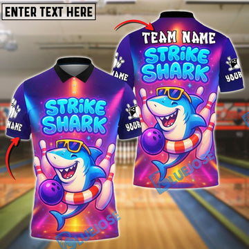 BlueJose Bowling Strike Shark Neon Fun Personalized Name, Team Name Unisex Shirt