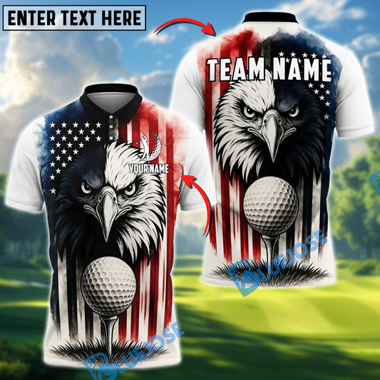BlueJose Black White Golf Eagle US Flag Custom Name, Team Name 3D Shirts