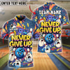 BlueJose Graffiti Bowling Ball & Pins Funny Never Give Up Customized Name, Team Name 3D Shirt (4 Colors)