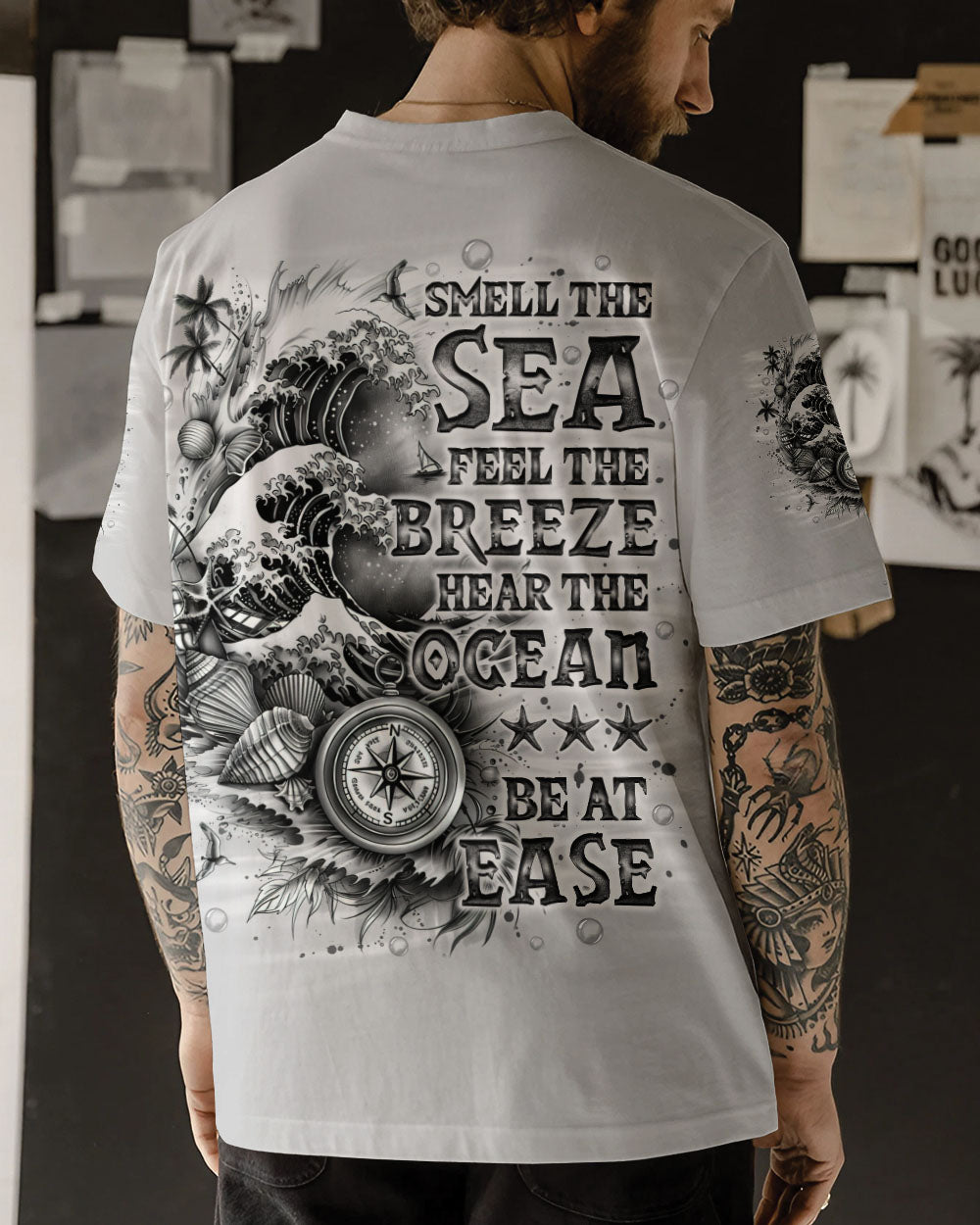 SMELL THE SEA FEEL THE BREEZE COMPASS WAVES ALL OVER PRINT - TLNO1303252