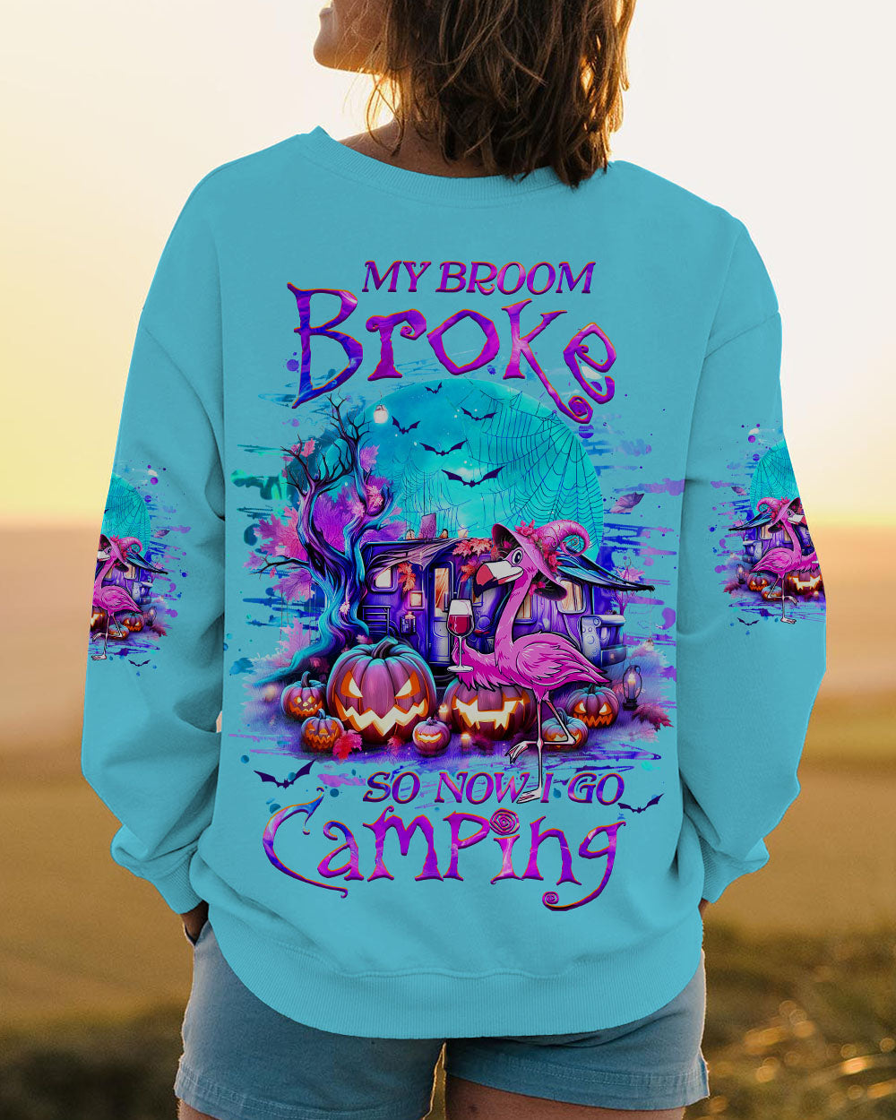 MY BROOM BROKE SO NOW FLAMINGO HALLOWEEN CAMPING ALL OVER PRINT - YHHG1109242