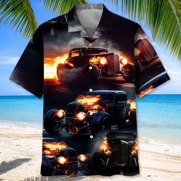Bluejose Black Hot Rod On Fire Hawaiian Shirt