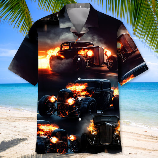 Bluejose Black Hot Rod On Fire Hawaiian Shirt