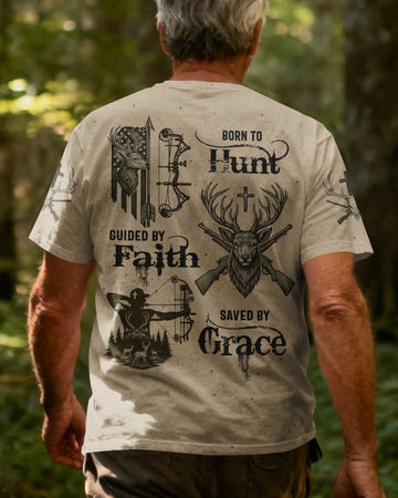 BlueJose Born To Hunt Guided By Faith Saved By Grace Shirt, Personalized Hunting 3D Shirt