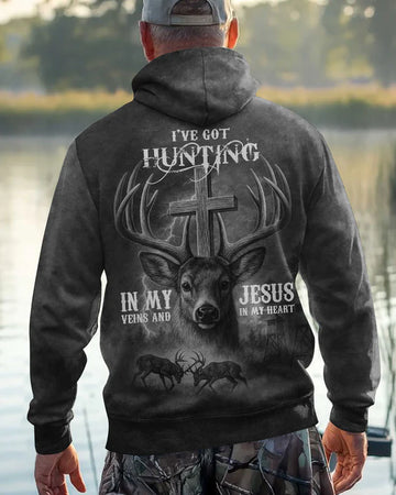 BlueJose I've Got Hunting In My Veins And Jesus In My Heart Black Shirt, Personalized Hunting 3D Shirt