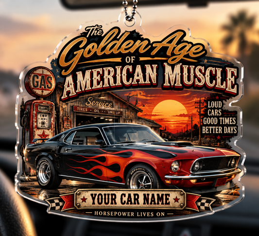 Bluejose Personalized Car American Muscle Car Charm – Classic Flame Mustang 'Horsepower Lives On' Ornament