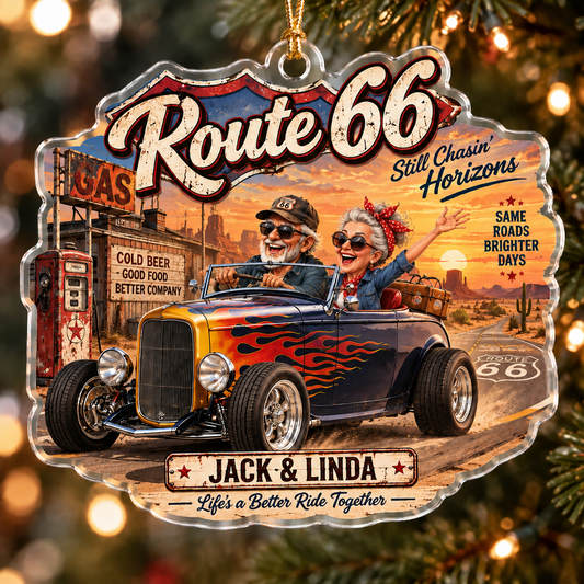 Bluejose Route 66 Couple Ornament – Personalized Names & Hot Rod Christmas Ornament