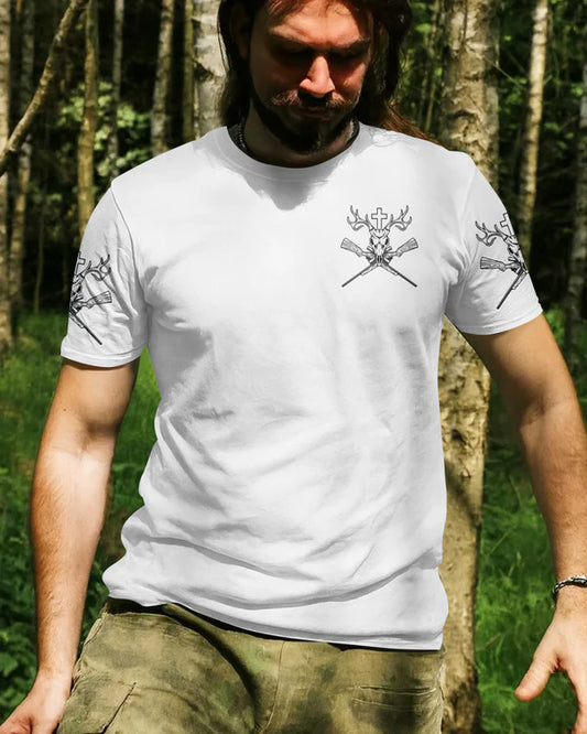 BlueJose Never Underestimate An Old Man Who Believe In Jesus And Love Hunting Shirt, Personalized Hunting 3D Shirt - White