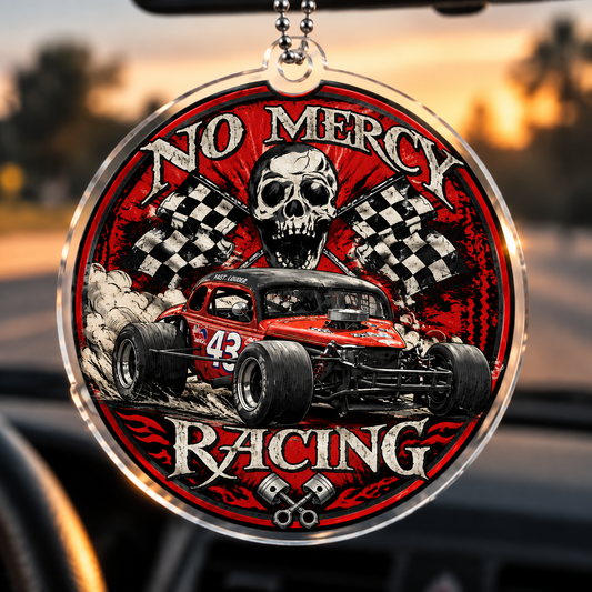Bluejose Personalized No Mercy Racing Car Hanging Ornament – Skull Dirt Track Racer Acrylic Charm