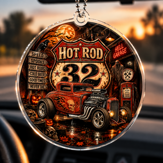 Bluejose Personalized Hot Rod 32 Halloween Car Hanging Ornament – Hell Garage Skull Acrylic Charm
