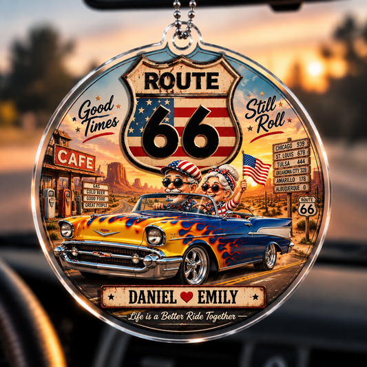 Bluejose Personalized Route 66 Couple Car Charm – Custom Names & Face Ornament