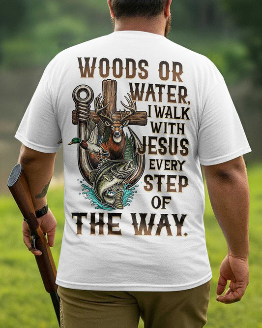 BlueJose Woods Or Water I Walk With Jesus Shirt, Personalized Hunting 3D Shirt - White