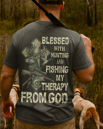 BlueJose Blessed With Hunting And Fishing My Therapy From God 3D Shirt, Personalized 3D Hoodie For Hunting Lover