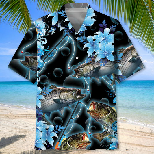 BlueJose Blue Light Fishing Floral Pattern Hawaiian Shirt
