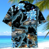 BlueJose Blue Light Fishing Floral Pattern Hawaiian Shirt