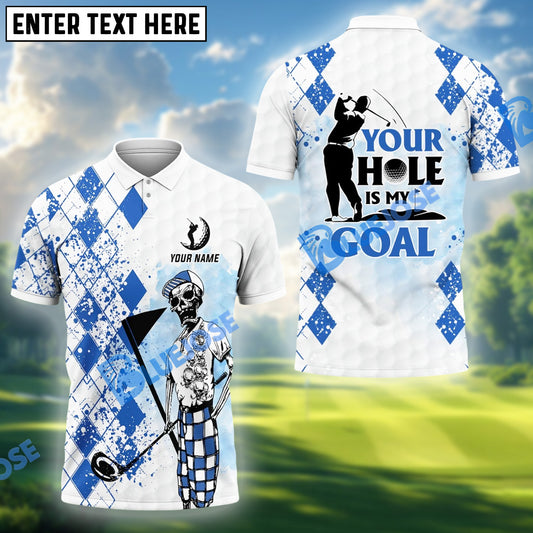 BlueJose Golf Skull Blue Pattern Your Hole Is My Goal Shirt Customized Name, Team Name 3D Shirts (4 Colors)