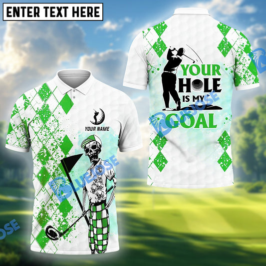 BlueJose Golf Skull Blue Pattern Your Hole Is My Goal Shirt Customized Name, Team Name 3D Shirts (4 Colors)