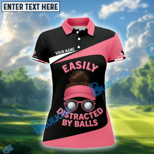 BlueJose Easily Distracted By Balls Polos For Women's Golf Shirt, Custom Name 3D Shirt