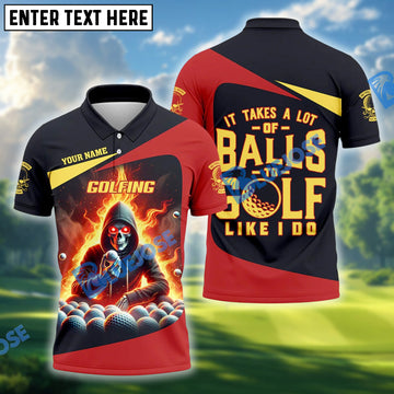 BlueJose It Takes A Lot of Balls to Golf Like I Do Skull Funny Golf Polo Shirt Custom Name & Team Name 3D Shirts