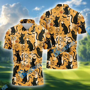 BlueJose Funny Black Cat Golf Polo Shirt, Halloween Golf Shirt, Custom Name & Team Name 3D Shirts