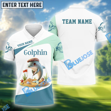 BlueJose Golfin’ Dolphin Funny Golf Polo Shirt, Custom Name & Team Name Golf 3D Shirts