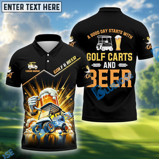 BlueJose A Good Day Starts With Golf Carts And Beer Golf Shirt, Custom Name & Team Name 3D Shirts