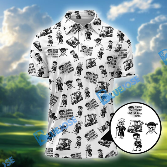 BlueJose Skeleton Golf Pattern Polo Shirt, Funny Skull Golf Shirt For Men