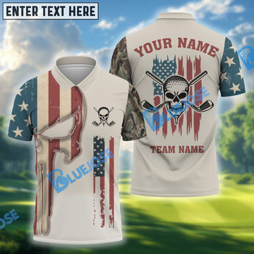 BlueJose Patriotic Skull Golf Polo Shirt, Custom Name & Team Name 3D Shirts