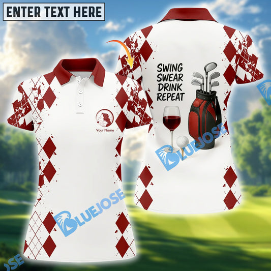 BlueJose Swing Swear Drink Repeat Women's Golf Shirt, Custom Name 3D Shirt