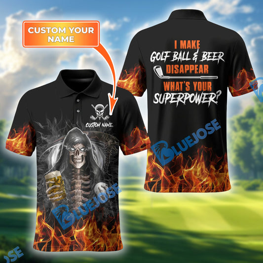 BlueJose I Make Golf Ball And Beer Skull Golf Polo Shirt, Customized Name & Team Name 3D Shirts (4 Colors)