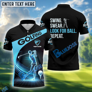 BlueJose Swing Swear Look For Ball Repeat Golf Shirt, Custom Name Golf 3D Shirts