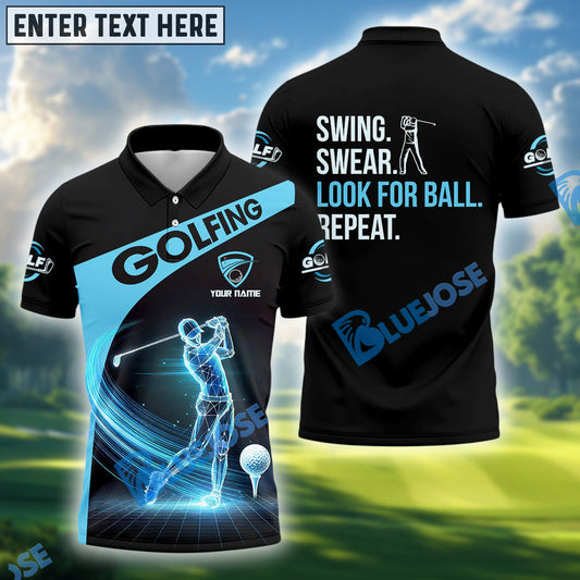 BlueJose Swing Swear Look For Ball Repeat Golf Shirt, Custom Name Golf 3D Shirts
