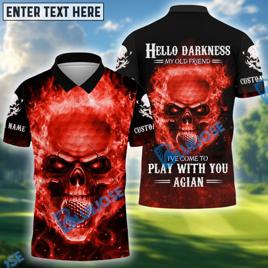 BlueJose Hello Darkness My Old Flaming Fire Skull Golf Shirt, Custom Name Golf 3D Shirts