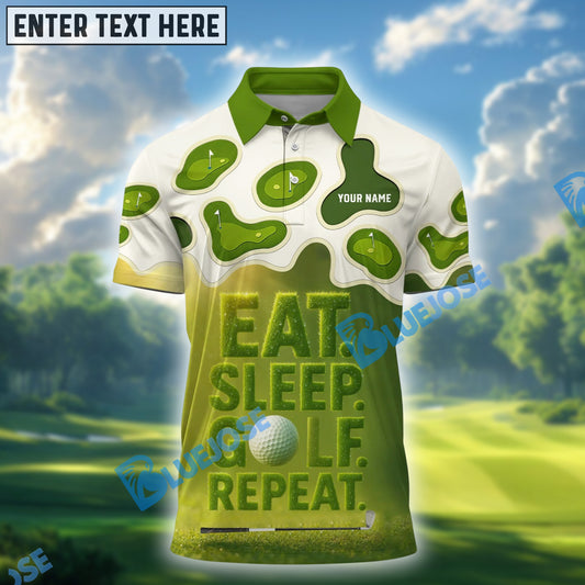 BlueJose Eat Sleep Golf Repeat Funny Golf Shirt, Custom Name Golf 3D Shirts