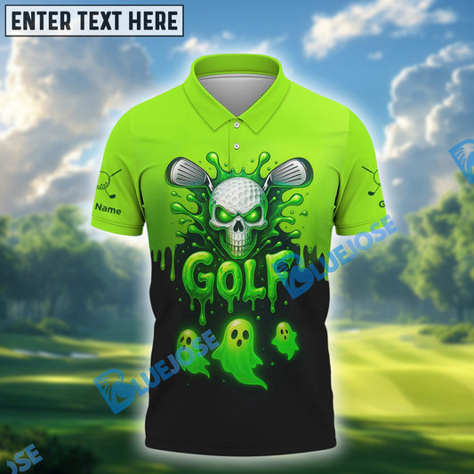 BlueJose Halloween Green Skull Funny Golf Shirt, Custom Name Golf 3D Shirts
