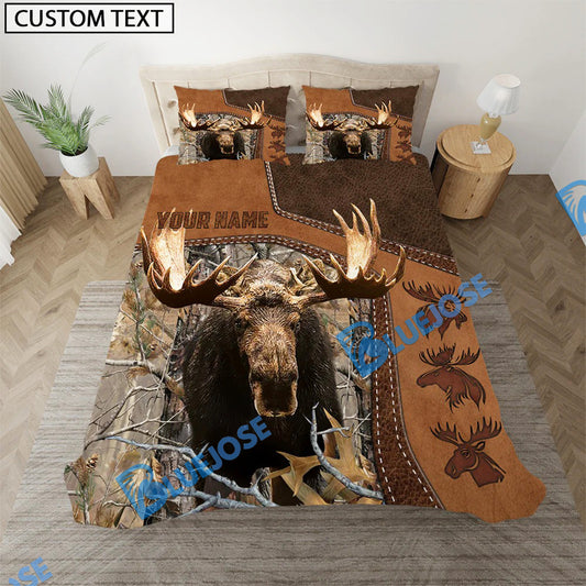 Bluejose Moose Hunting Grass Brown Camo Leather Pattern Bedding Set 3D All Over Printed